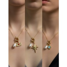 NKT Collection Turkuaz Yonca Kutup Yıldızı Ay Güneş Incili Kolye