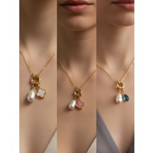 NKT Collection Turkuaz Damla Pembe Yonca Beyaz Yonca Incili Kolye