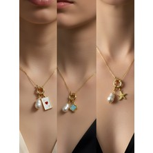 NKT Collection Deniz Yıldızı Turkuaz Yonca Beyaz Yonca Incili Kolye