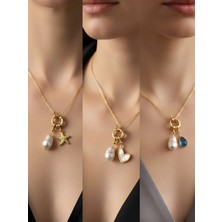 NKT Collection Turkuaz Damla Beyaz Kalp Deniz Yıldızı Incili Kolye