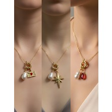 NKT Collection Kırmızı Damla Midye Beyaz Yonca Incili Kolye