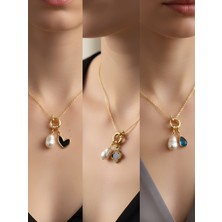 NKT Collection Turkuaz Damla Siyah Kalp Siyah Yonca Incili Kolye