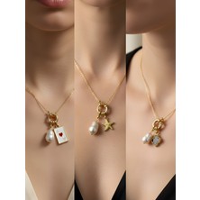 NKT Collection Siyah Yonca Deniz Yıldızı Beyaz Yonca Incili Kolye