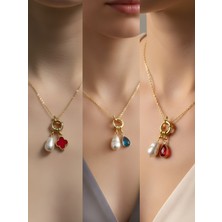 NKT Collection Kırmızı Damla Turkuaz Damla Kırmızı Yonca Incili Kolye