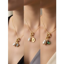 NKT Collection Zümrüt Yeşili Damla Kabartma Kalp Siyah Yonca Incili Kolye