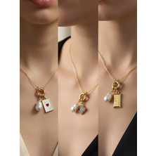 NKT Collection Külçe Altın Siyah Yonca Beyaz Yonca Incili Kolye