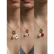 NKT Collection Kırmızı Yonca Ay Güneş Beyaz Yonca Incili Kolye