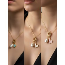 NKT Collection Pembe Kalp Beyaz Kalp Pembe Yonca Incili Kolye