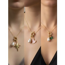 NKT Collection Zümrüt Yeşili Kelebek Pembe Kalp Kalpli Zarf Incili Kolye