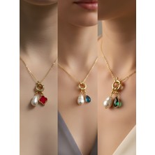 NKT Collection Zümrüt Yeşili Damla Turkuaz Damla Kırmızı Yonca Incili Kolye