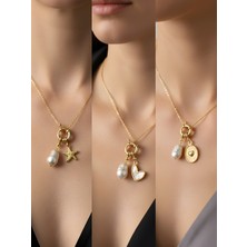 NKT Collection Kabartma Kalp Beyaz Kalp Deniz Yıldızı Incili Kolye