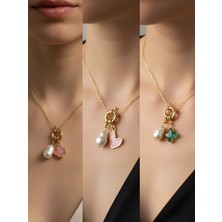 NKT Collection Zümrüt Yeşili Yıldız Pembe Kalp Pembe Yonca Incili Kolye