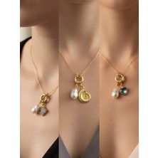 NKT Collection Turkuaz Kalp Deniz Kabuğu Siyah Yonca Incili Kolye