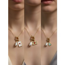 NKT Collection Kalpli Zarf Turkuaz Kalp Beyaz Yonca Incili Kolye