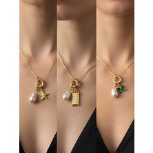 NKT Collection Zümrüt Yeşili Kelebek Külçe Altın Turkuaz Yonca Incili Kolye