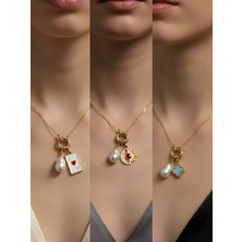 NKT Collection Turkuaz Yonca Ay Güneş Beyaz Yonca Incili Kolye