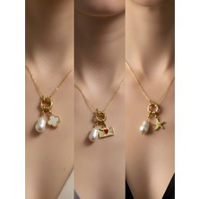 NKT Collection Deniz Yıldızı Ay Güneş Turkuaz Kalp Incili Kolye