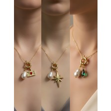 NKT Collection Zümrüt Yeşili Damla Kutup Yıldızı Kalpli Zarf Incili Kolye