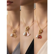 NKT Collection Kırmızı Damla Güneş Pembe Kalp Incili Kolye