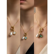 NKT Collection Zümrüt Yeşili Damla Turkuaz Yonca Beyaz Yonca Incili Kolye