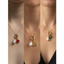 NKT Collection Zümrüt Yeşili Kelebek Hayat Ağacı Siyah Yonca Incili Kolye