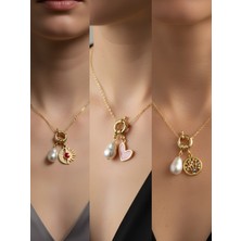 NKT Collection Hayat Ağacı Pembe Kalp Ay Güneş Incili Kolye