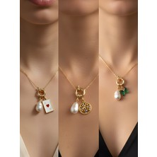 NKT Collection Zümrüt Yeşili Kelebek Hayat Ağacı Beyaz Yonca Incili Kolye