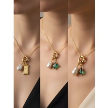 NKT Collection Zümrüt Yeşili Damla Zümrüt Yeşili Yıldız Külçe Altın Incili Kolye