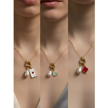 NKT Collection Kırmızı Yonca Turkuaz Kalp Beyaz Yonca Incili Kolye