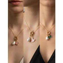 NKT Collection Zümrüt Yeşili Kelebek Pembe Kalp Midye Incili Kolye