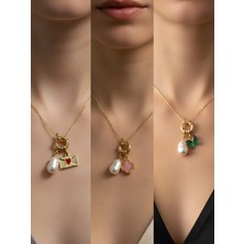 NKT Collection Zümrüt Yeşili Kelebek Pembe Yonca Kalpli Zarf Incili Kolye