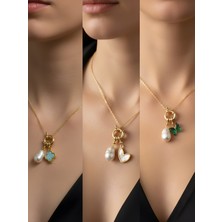 NKT Collection Zümrüt Yeşili Kelebek Beyaz Kalp Pembe Yonca Incili Kolye