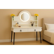 Mp Atelier Vella Oval LED Ayna Işıklı Makyaj Masası – Metal Ayaklı, Çekmeceli, Raflı