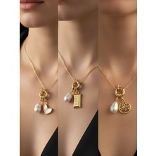 NKT Collection Hayat Ağacı Beyaz Kalp Külçe Altın Incili Kolye