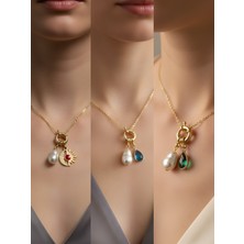 NKT Collection Zümrüt Yeşili Damla Turkuaz Damla Ay Güneş Incili Kolye
