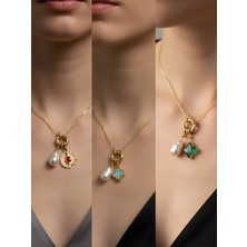 NKT Collection Zümrüt Yeşili Yıldız Turkuaz Yonca Ay Güneş Incili Kolye