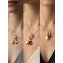 NKT Collection Kırmızı Damla Zümrüt Yeşili Kelebek Midye Incili Kolye