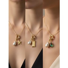 NKT Collection Zümrüt Yeşili Damla Külçe Altın Deniz Yıldızı Incili Kolye