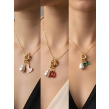 NKT Collection Kırmızı Damla Zümrüt Yeşili Kelebek Pembe Kalp Incili Kolye