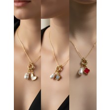 NKT Collection Beyaz Kalp Kırmızı Yonca Siyah Yonca Incili Kolye