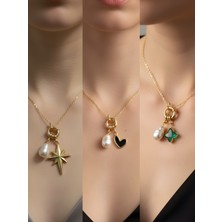 NKT Collection Zümrüt Yeşili Yıldız Siyah Kalp Kutup Yıldızı Incili Kolye