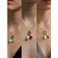 NKT Collection Turkuaz Damla Kırmızı Yonca Turkuaz Yonca Incili Kolye