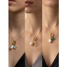 NKT Collection Zümrüt Yeşili Kelebek Güneş Pembe Yonca Incili Kolye