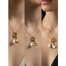 NKT Collection Beyaz Kalp Kalpli Zarf Beyaz Yonca Incili Kolye