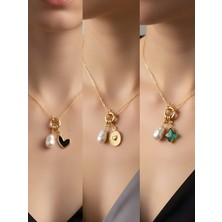 NKT Collection Zümrüt Yeşili Yıldız Kabartma Kalp Siyah Kalp Incili Kolye