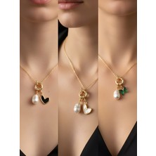 NKT Collection Zümrüt Yeşili Kelebek Siyah Kalp Kaktüs Incili Kolye