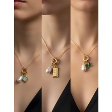 NKT Collection Zümrüt Yeşili Kelebek Külçe Altın Pembe Yonca Incili Kolye