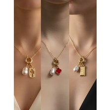 NKT Collection Kaktüs Külçe Altın Kırmızı Yonca Incili Kolye