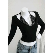İsra Ayyıldız Moonstar Collection Dantel Yakalı Uzun Kolllu Siyah Gotik Bluz