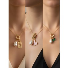 NKT Collection Zümrüt Yeşili Kelebek Pembe Kalp Külçe Altın Incili Kolye